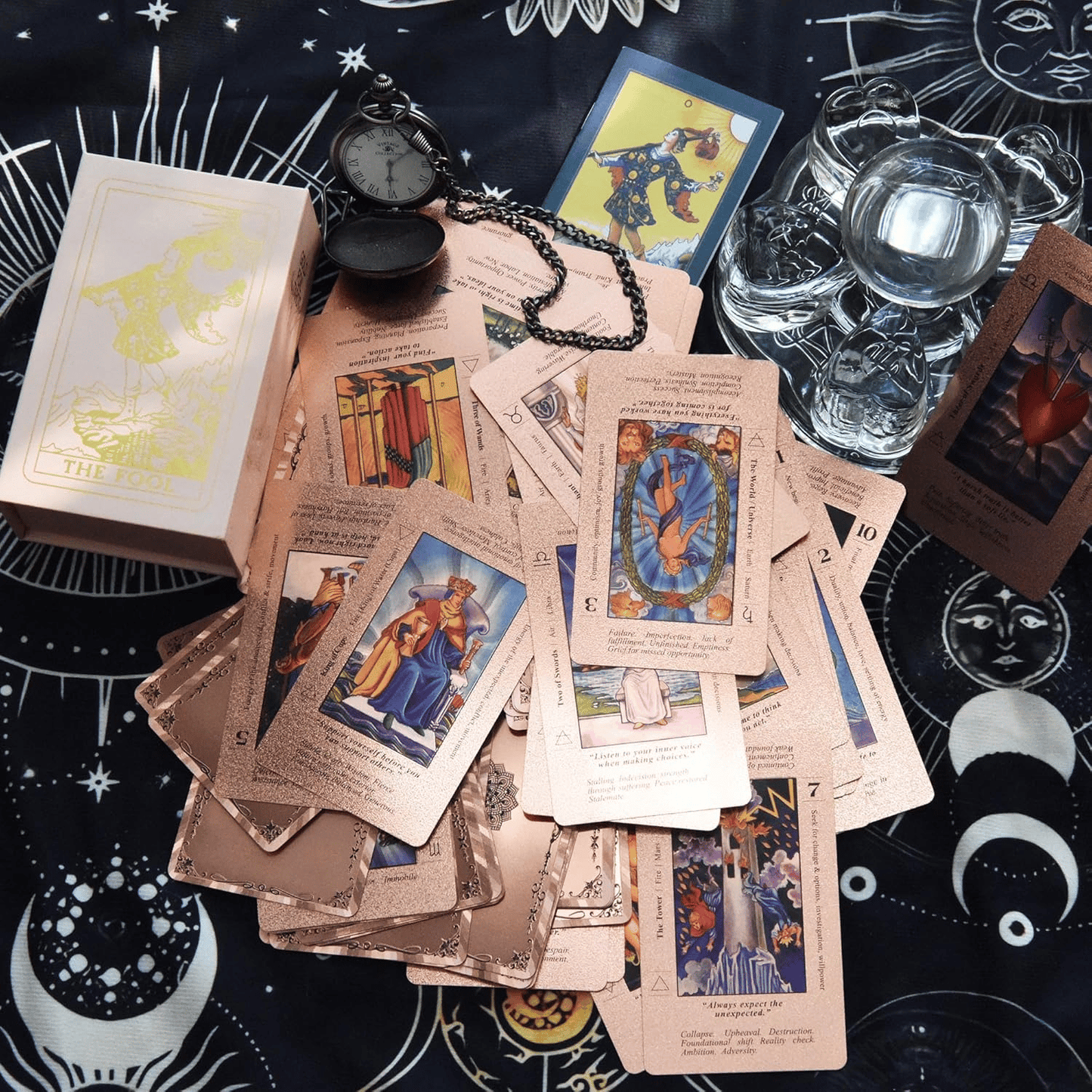 Rose Gold Tarot Cards with Guide Book Waterproof Wrinkle Resistant Foil Tarot Deck for Beginners Includes Chakras Planets Zodiac Signs Elements & Affirmations